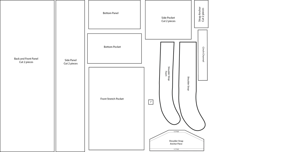 30L backpack PDF sewing pattern layout showing all pattern pieces